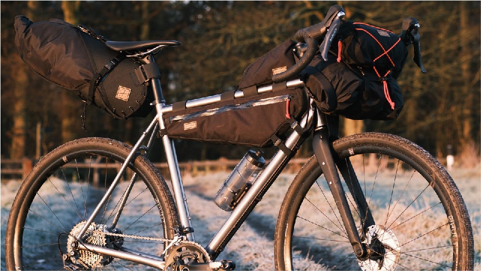 Bike fully loaded with Restrap bags in a winter setting