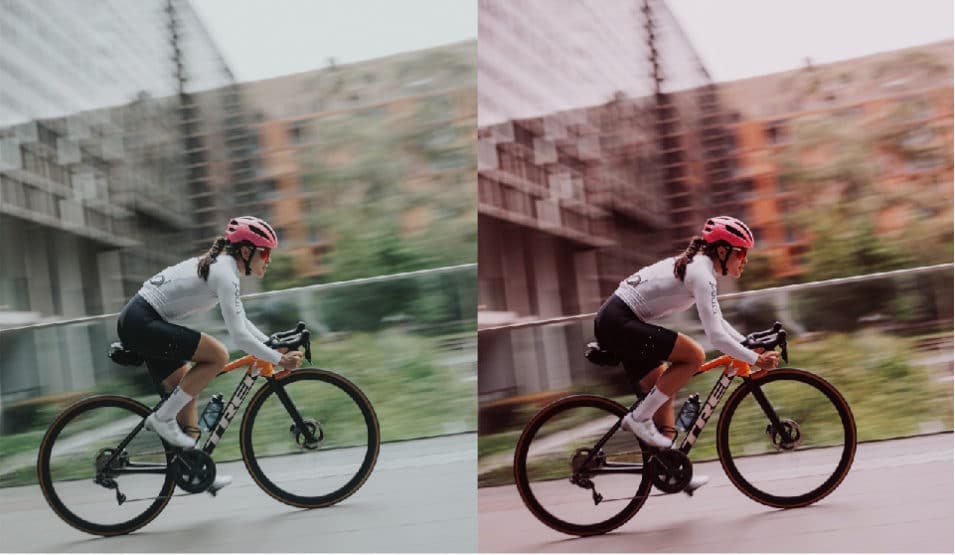 Side by side of woman on bike showing Alba Optics lens technology