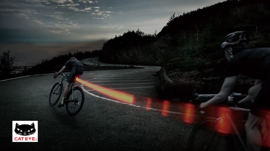 Cyclists riding on dark road illuminated by cateye bike lights