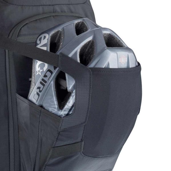EVOC FR Trail Blackline Protector Backpack helmet pouch closeup