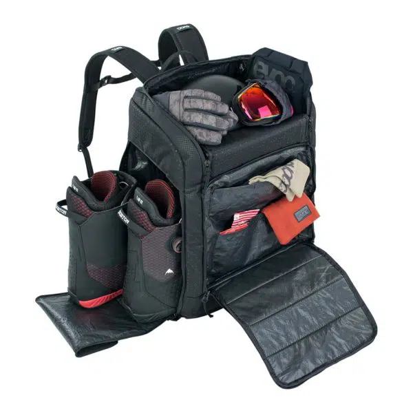 EVOC Gear Backpack 60 black open with ski gear inside