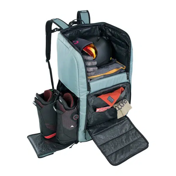 EVOC Gear Backpack 90 steel open with ski gear