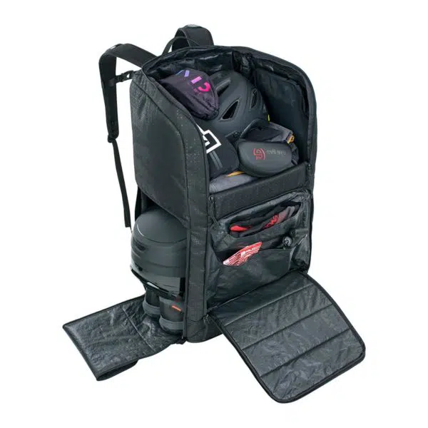 EVOC Gear Backpack 90 Black open with cycling gear