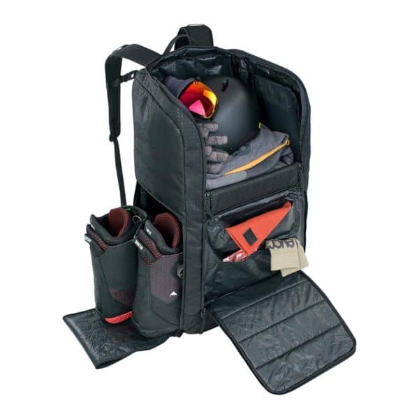 EVOC Gear Backpack 90 Black open with ski gear