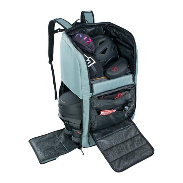 EVOC Gear Backpack 90 steel open with cycling gear
