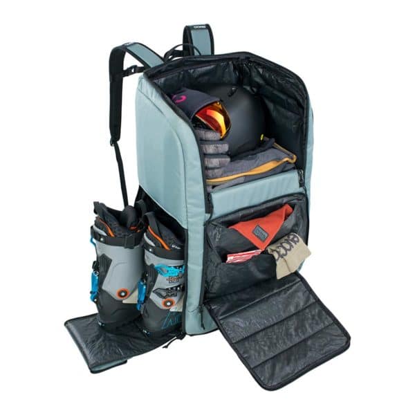 EVOC Gear Backpack 90 steel open with ski gear inside
