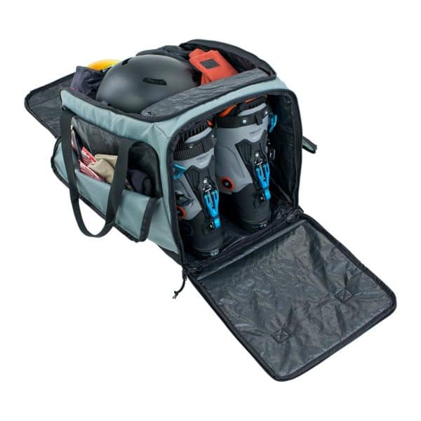 EVOC Gear Bag 35 Stone filled with ski gear