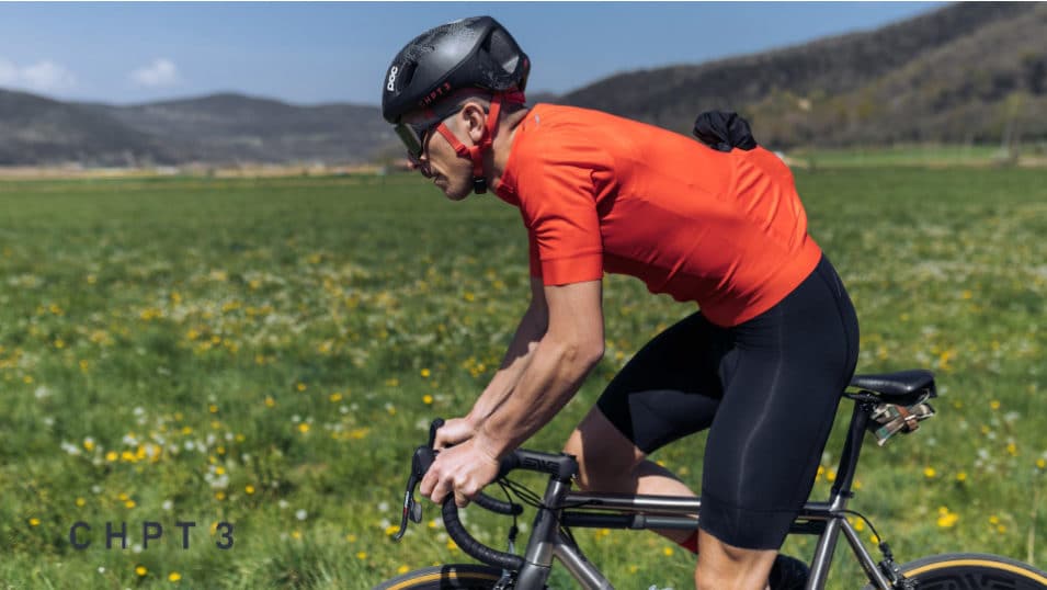 CHPT3 Cycling Apparel on man riding out of saddle