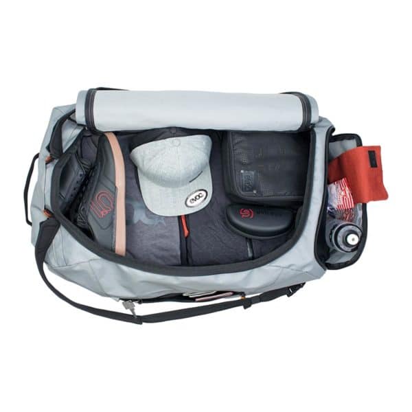 EVOC Duffle Bag 100 open with gear inside