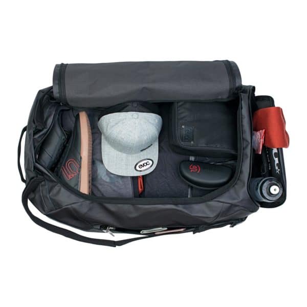 EVOC Duffle Bag 60 black open with gear inside