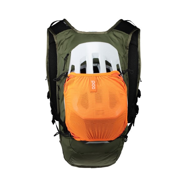 POC Column VPD Backpack 13L Green with bike helmet strapped on