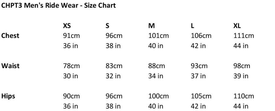 CHPT3 Men's Ride Wear Size Chart