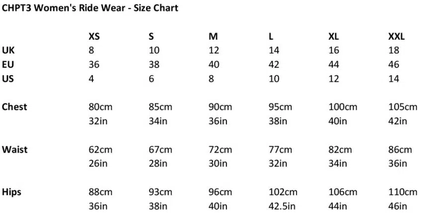 CHPT3 Women's Size Chart