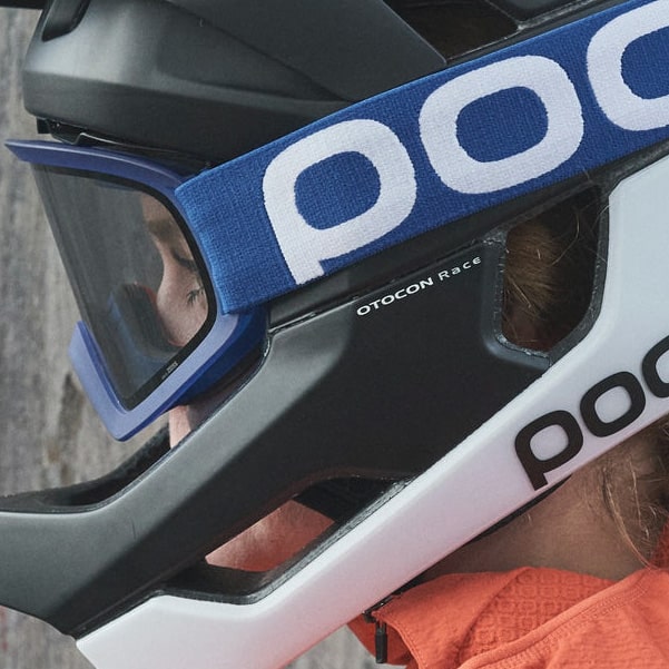Woman wearing POC Ora Bike Goggles Side View Opal Blue
