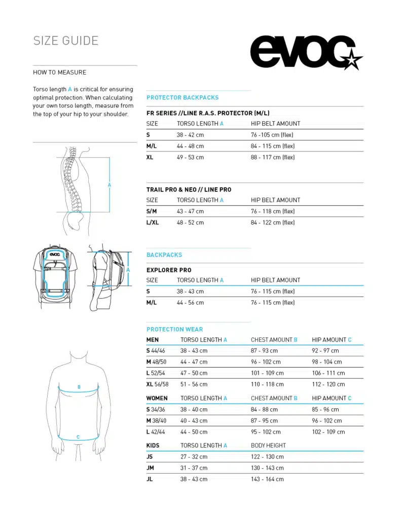 EVOC Backpack Size Chart