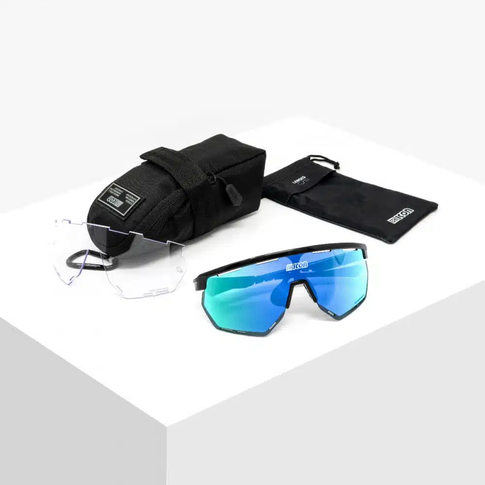 Scicon Aerowing Sunglasses Black Multimirror Blue on table