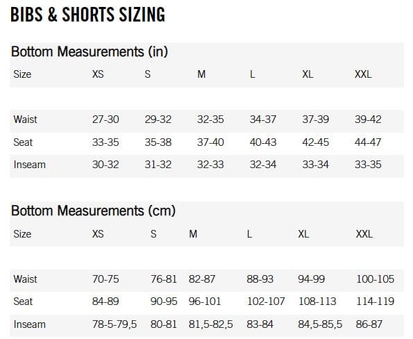 POC Size Guide Bibs and Shorts