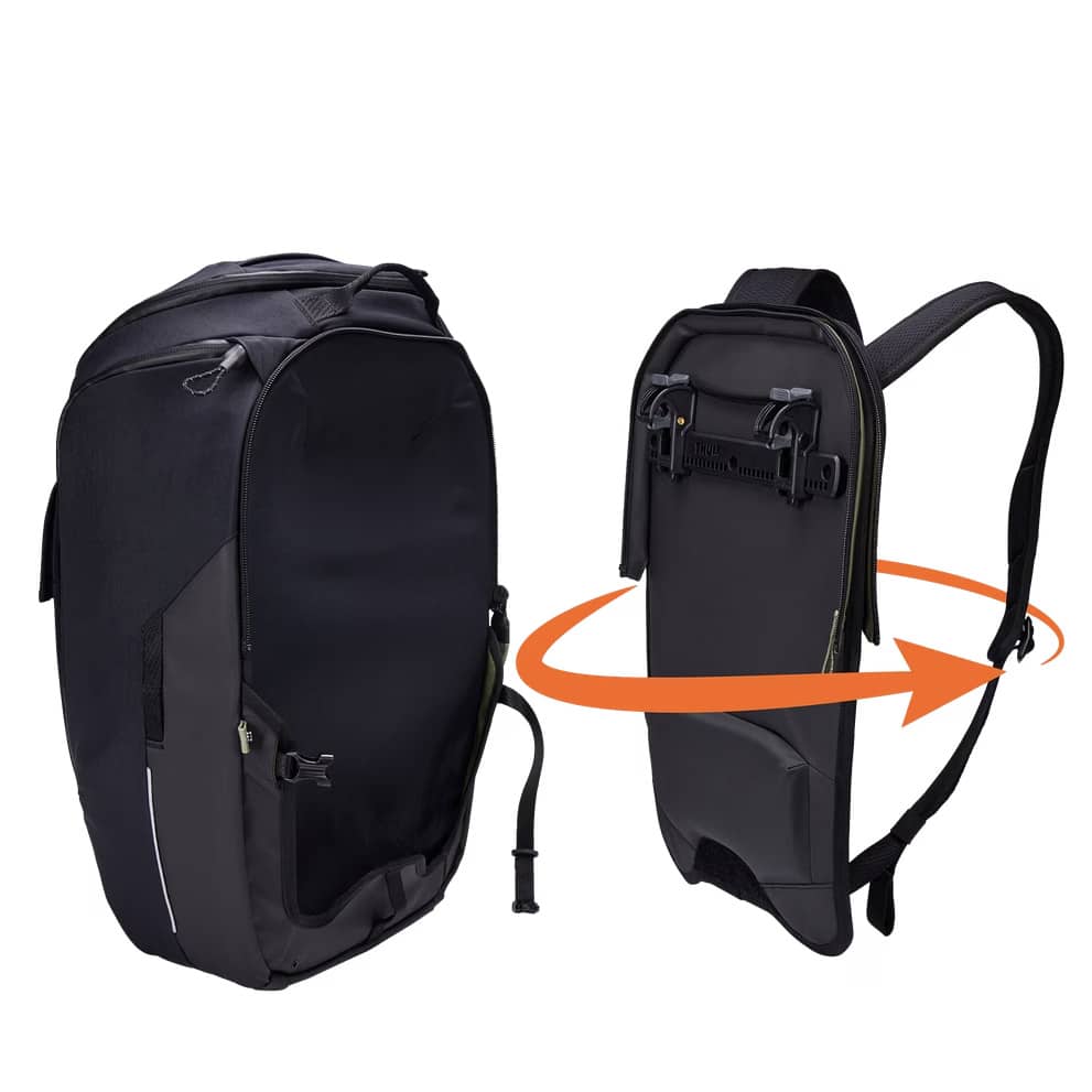 Thule Paramount Hybrid Pannier Backpack showing how to convert from pannier to backpack