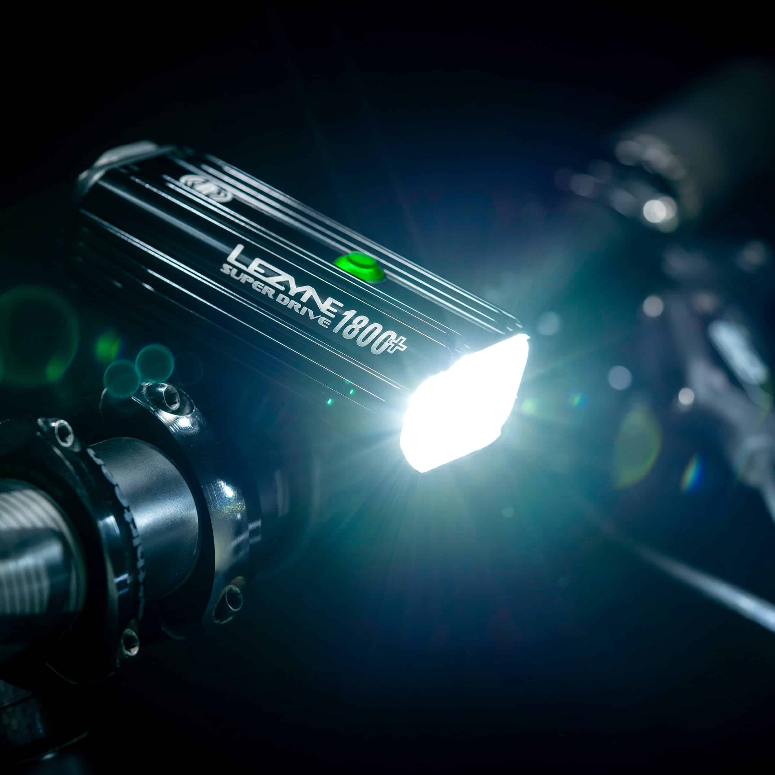 Lezyne Super Drive 1800+ Smart Light lit up in the dark