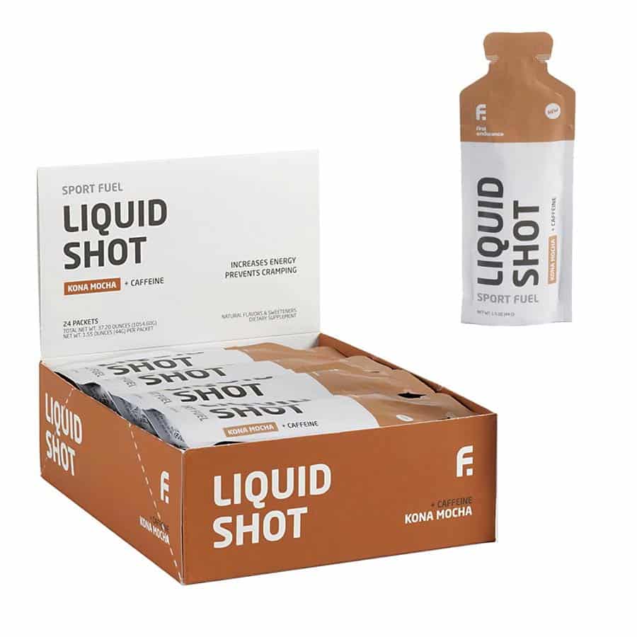 1st Endurance Liquid Shot Kona-Mocha flavour box and individual packet