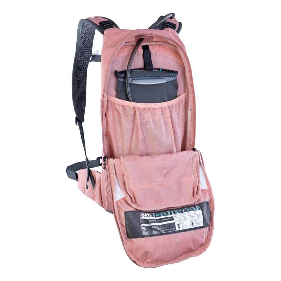 EVOC Stage 6 Backpack + 2L Bladder dusty pink front pocket open