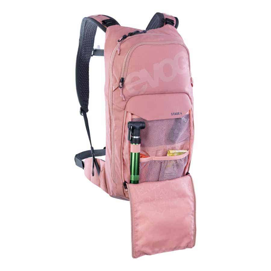 EVOC Stage 6 Backpack + 2L Bladder dusty pink open small front pocket