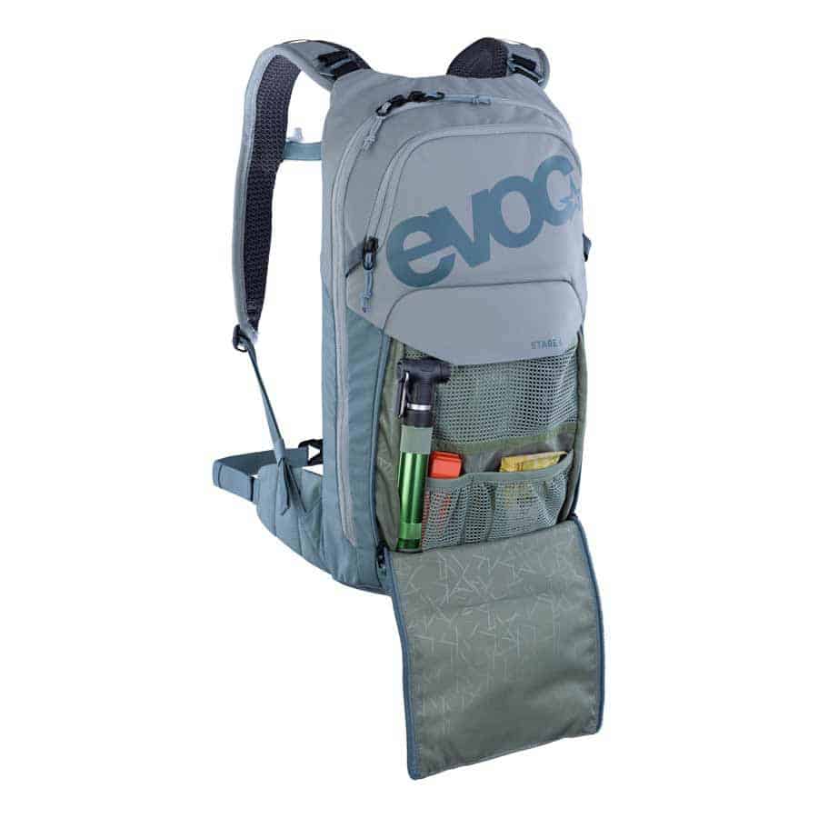 EVOC Stage 6 Backpack + 2L Bladder stone steel front small pocket open