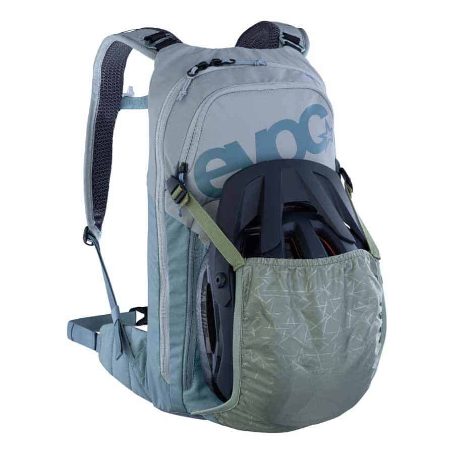 EVOC Stage 6 Backpack + 2L Bladder stone steel helmet in front pouch