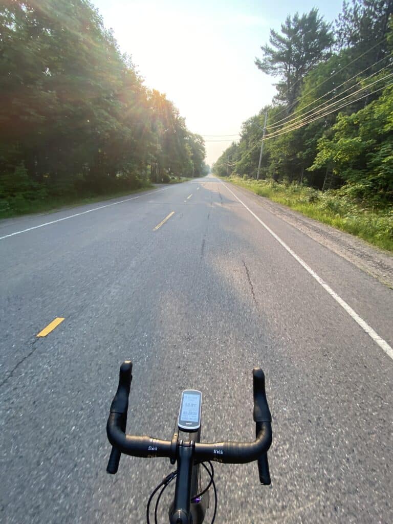 Photo of a road and trees from the perspective of riding a bike