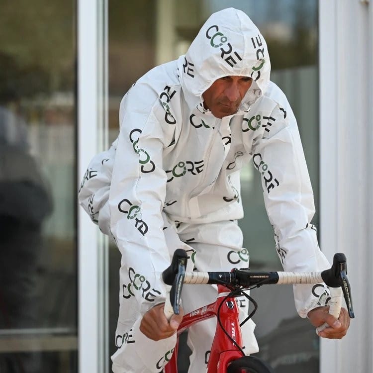 Cyclist doing heat training with a heat suit on