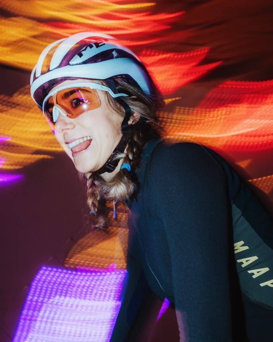cyclist wearing the alba optic delta photochromic cycling sunglasses