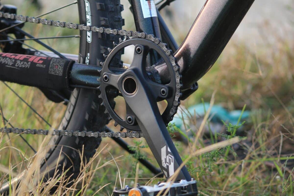 A close up of a bike crank.