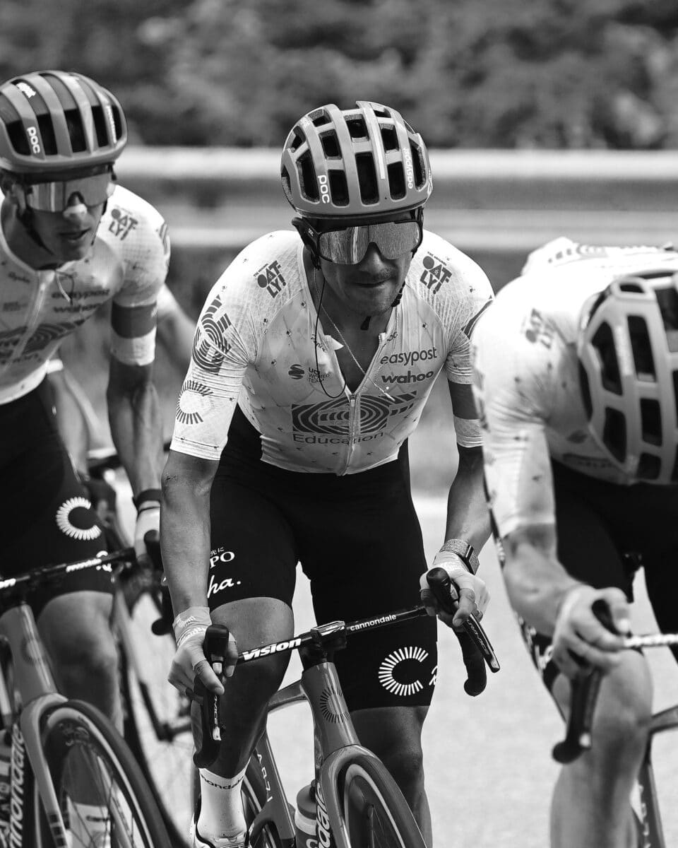 pro cyclists riding while wearing the poc devour photochromic cycling sunglasses