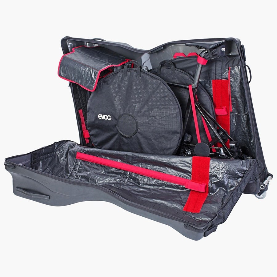 EVOC road bike travel bag pro open with bike and wheel
