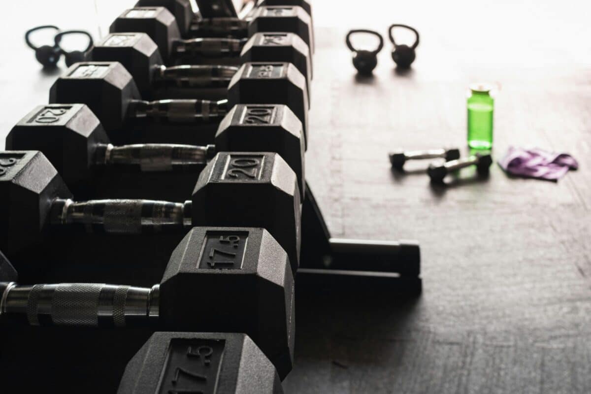 A row of weights in a rack