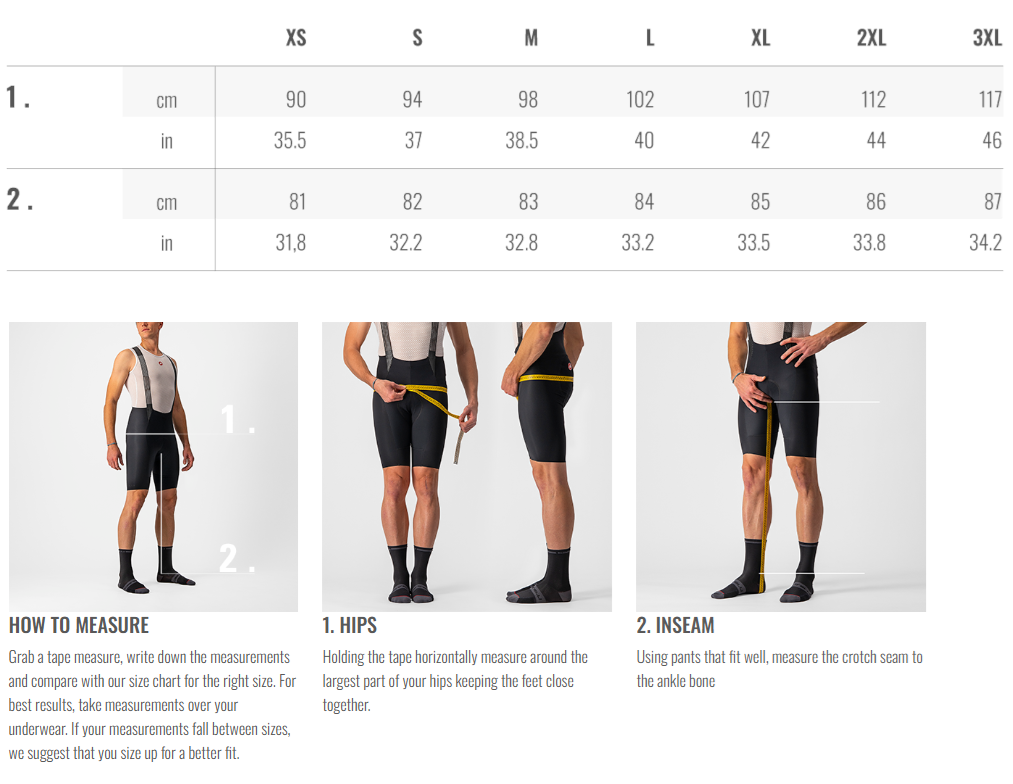 Castelli Size Chart Men Bottoms