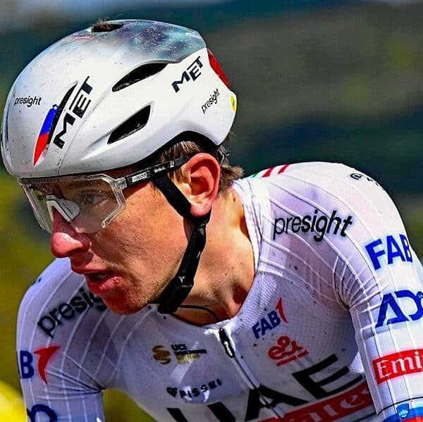 Tadej Pogacar in Met Manta Helmet and Scicon sunglasses