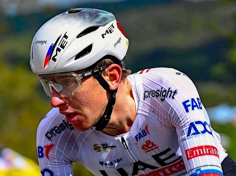 Tadej Pogacar in Met Manta Helmet and Scicon sunglasses