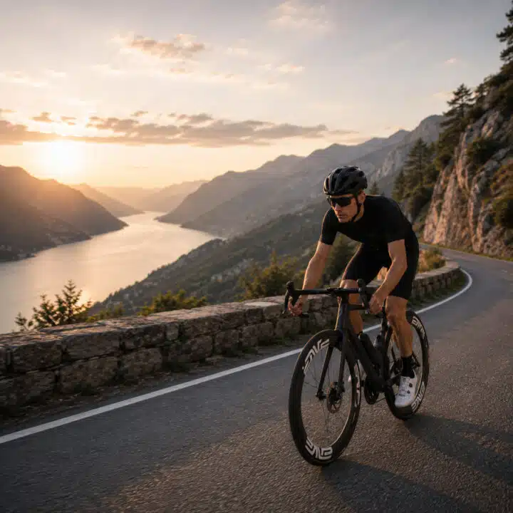Road cyclist riding uphill along waterway in the mountains