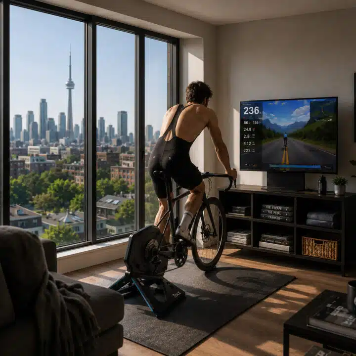 Cyclist riding indoors with Toronto cityscape in the background.