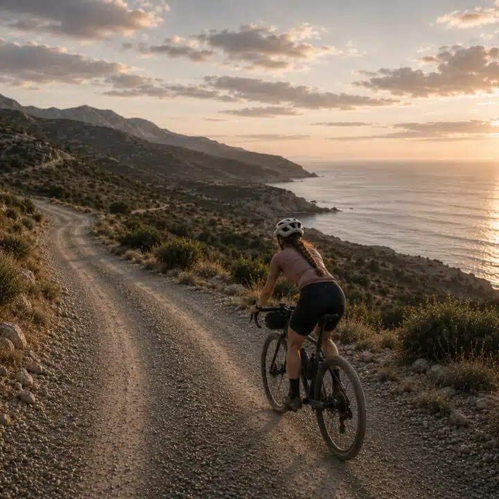 Woman riding gravel beside the ocean