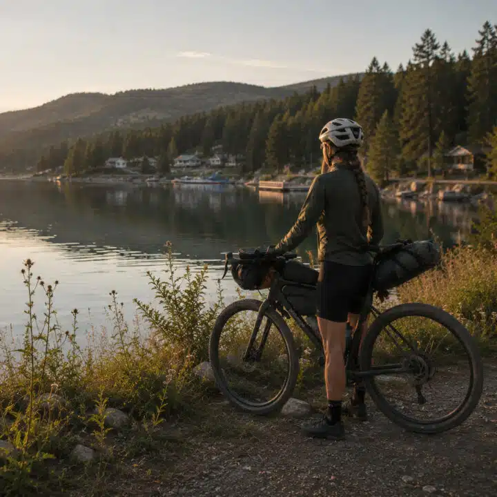 Female bikepacker standing by Canadian lake